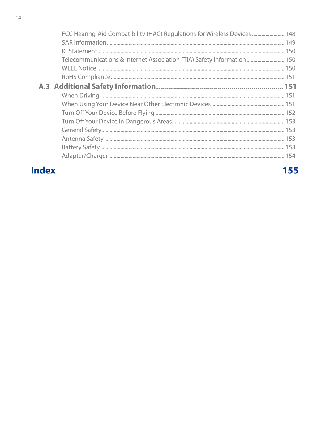 HTC AM171 manual Index 155, 151 